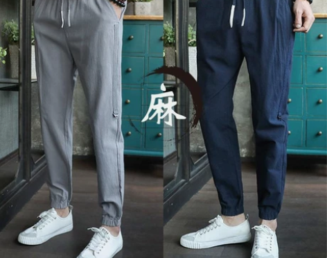 【高质量】夏季薄款男裤亚麻九分裤学生棉麻裤...