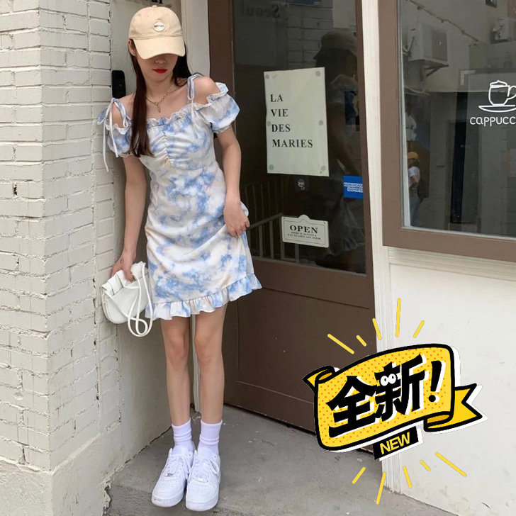 实体清仓夏法式扎染碎花连衣裙女夏季甜美辣妹...