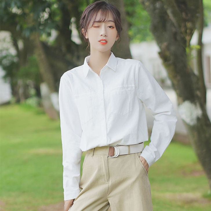 帛卡琪2020新款春秋白色衬衫女百搭工装长...
