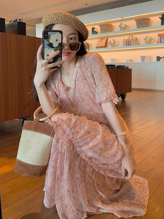 【狂欢价】2021新款法式初恋甜美粉色V领...