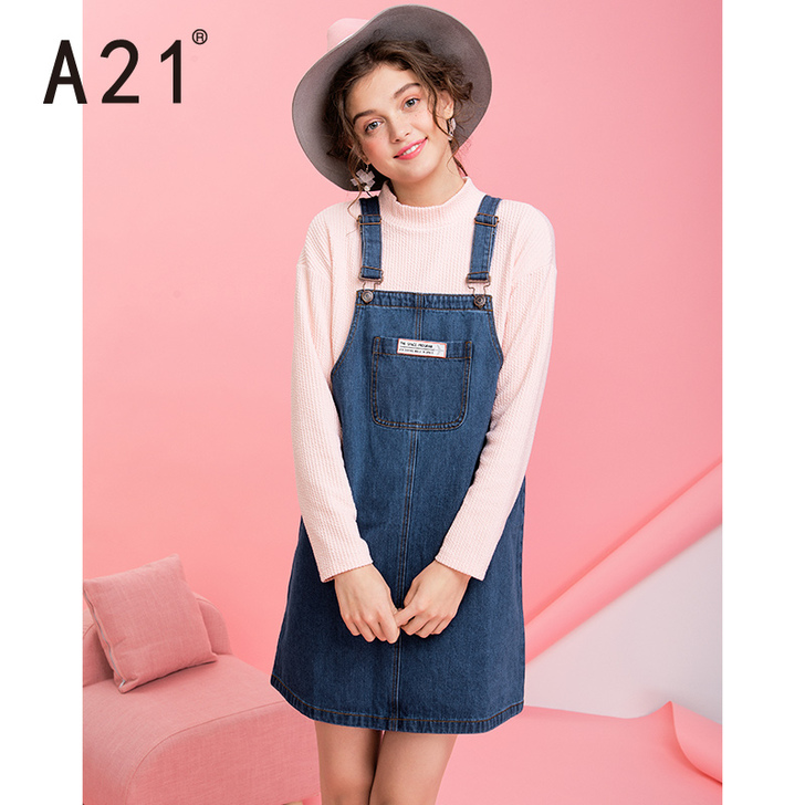 A21牛仔背带裙女2017春季新款连衣裙春...