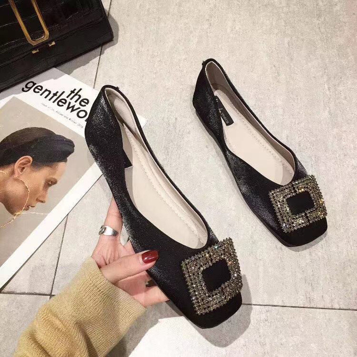 平底单鞋女百搭软底春季水钻方扣平跟鞋子女2...