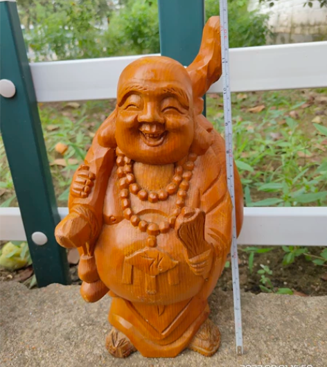 弥勒佛木雕摆件 弥勒佛实木雕刻工艺品 拿扇...