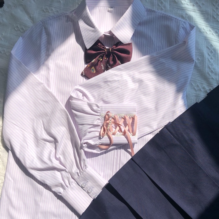 新款长袖风琴褶泡泡袖粉色蓝色条纹衬衫枫叶刺...