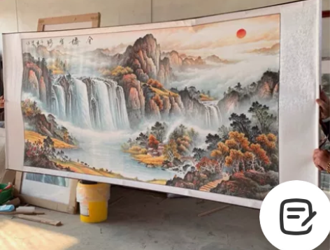 朋友抵债的一副聚宝盆红色山水甲天下六尺山水...