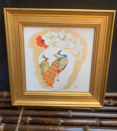 日本 出岡実 瓷板画 精工孔雀画中画 实木...