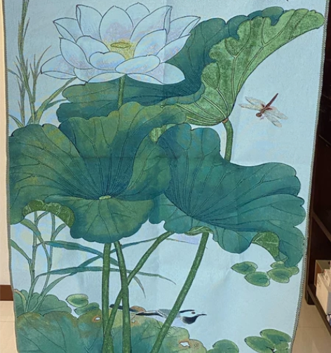 老刺绣机绣单面绣荷花蜻蜓成品挂画60×90...