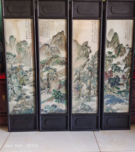 早期杭州山水刺绣画4副一组,镜框也是早期标...