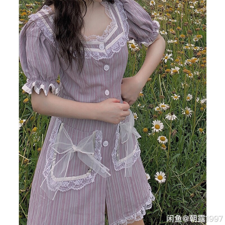 三蚊鱼日系甜美泡泡袖连衣裙女夏蕾丝拼接短款...