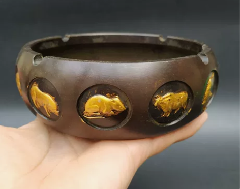 实心铜鎏金烟灰缸复古十二生肖家居摆件   ...