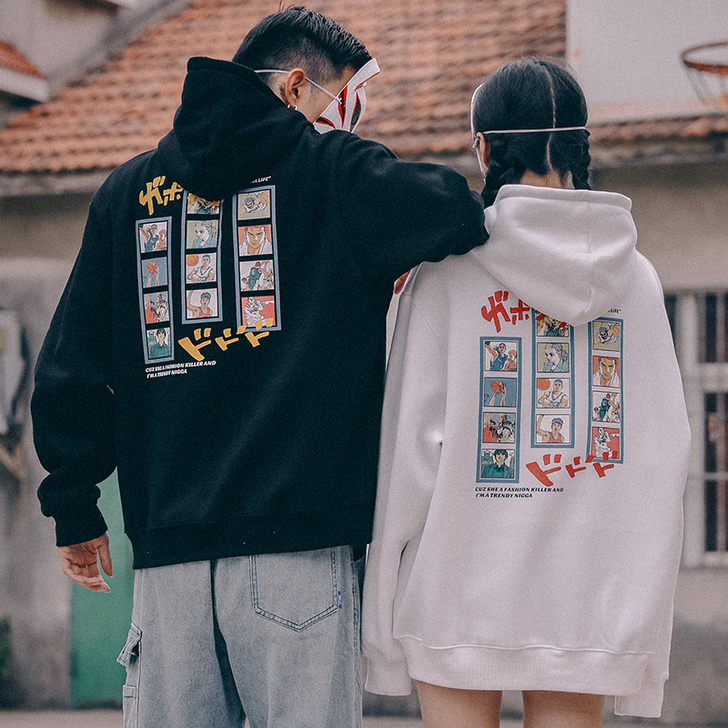 动漫印花加绒2019新款日系卫衣男士连帽早...