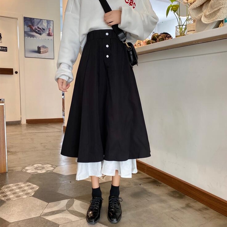 高腰显瘦撞黑色半身裙女春秋季冬天配毛衣中长...