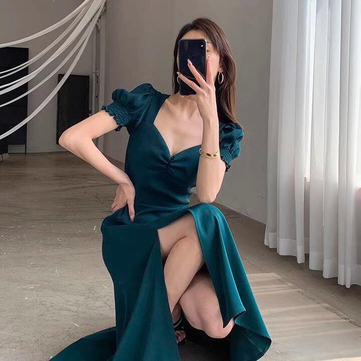 法式泡泡袖复古裙子墨绿色气质连衣裙女神范夏...