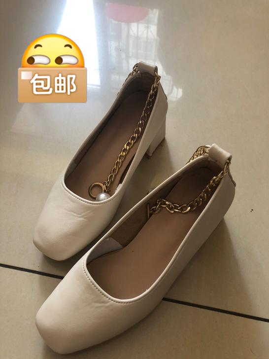 35码复古珍珠浅口单鞋女小方跟一字扣