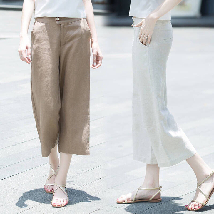 亚麻裤2020年新款阔腿裤女夏九分裤直筒休...