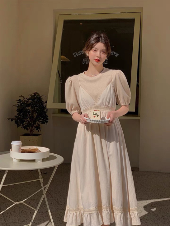 范智乔【太妃糖】 针织上衣两件套蕾丝拼接棉...