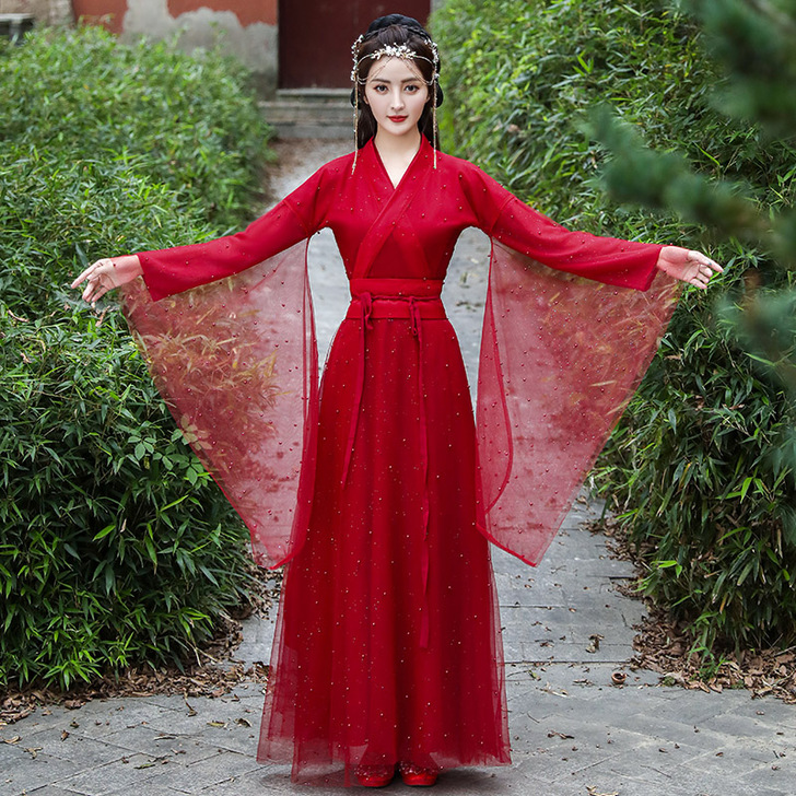 红色汉服女夏季薄款广袖流仙裙中国风改良版连...