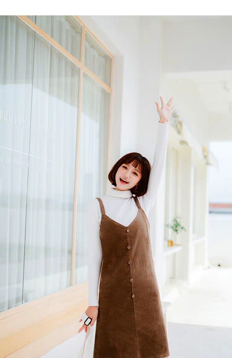 全新春秋装纯棉韩版宽松灯芯绒背带裙女学生背...