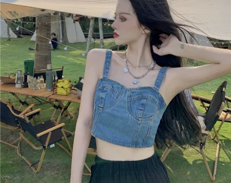 夏季2022法式网红设计感小众牛仔吊带背心...