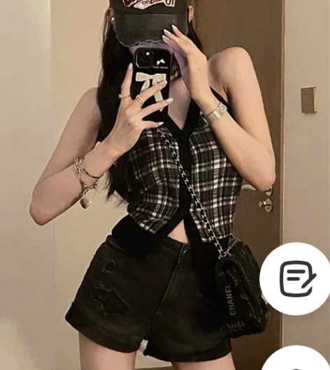 格子挂脖吊带背心女夏季设计感小众内搭外穿无...