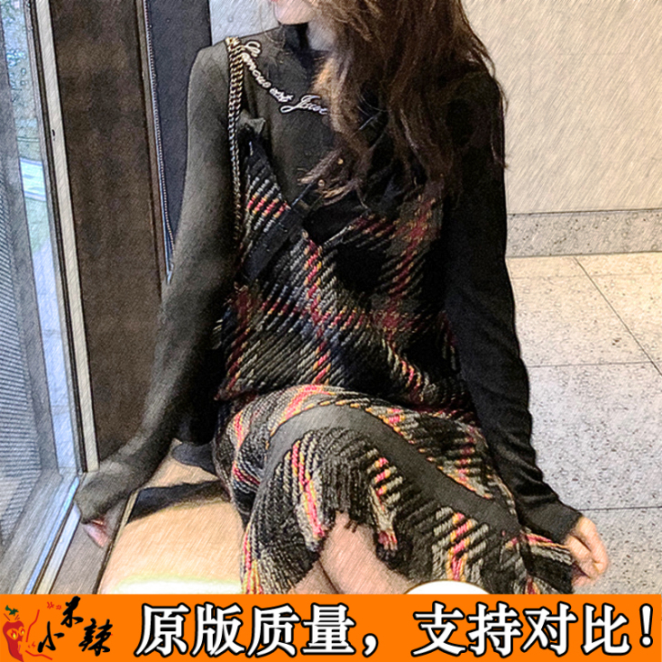 针织格子背带裙女秋装2018新款韩版学生百...