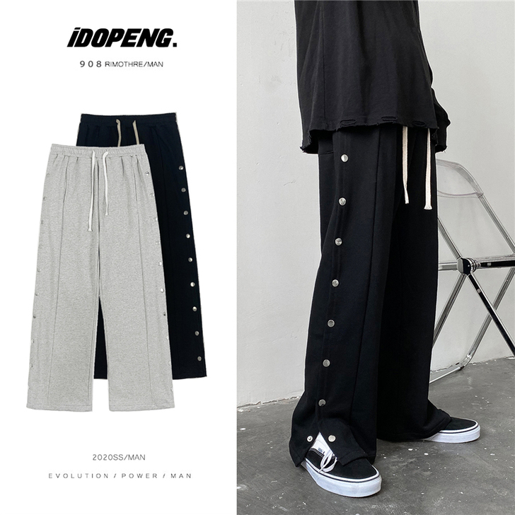 排扣高街裤子男潮牌ins港风宽松潮流阔腿拖...