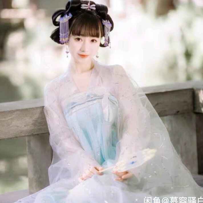 宴清都汉服六米摆水蓝色烫金大袖衫豆蔻少女汉...