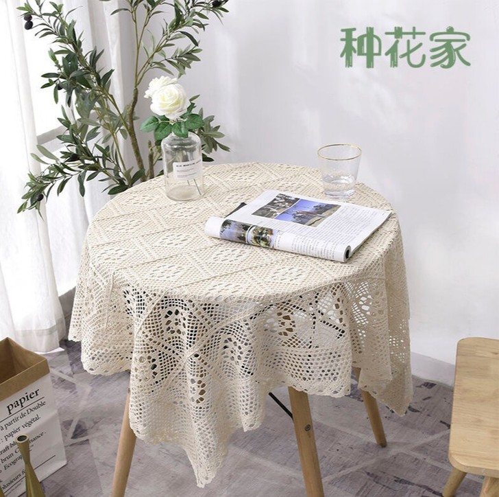 美式复古田园镂空蕾丝圆桌布长方形拍照手工钩...