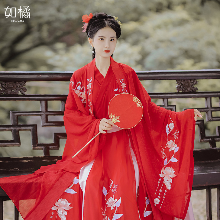 汉服女中国风原创红色花嫁凤求凰婚服过年穿古...