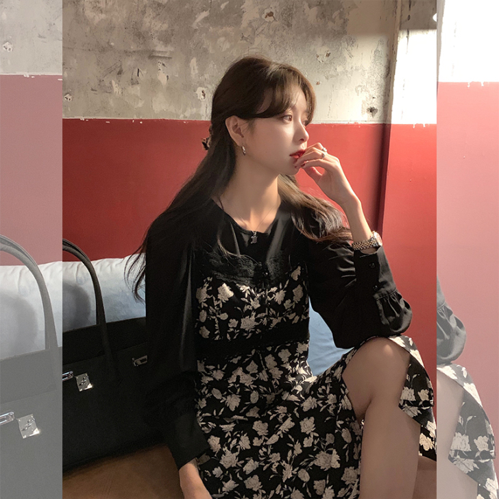 范智乔 黑色碎花吊带连衣裙女长款