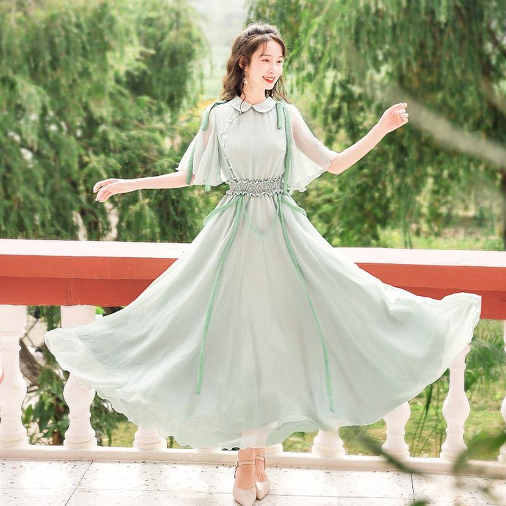 全新 连衣裙2021新款女夏装法式复古绿色...