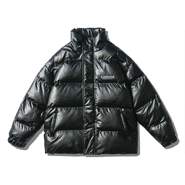 冬季棉衣男印花亮面高领加厚外套男潮流黑色羽...