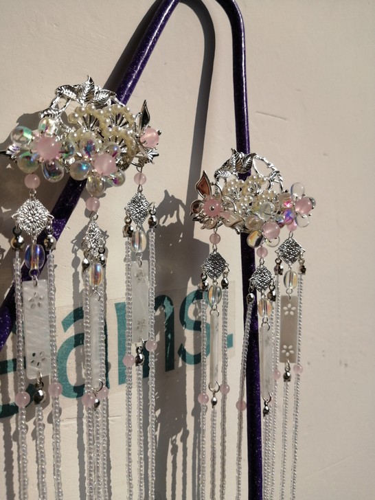 古风长流苏松枝琉璃水滴粉色对夹汉服发饰配饰...