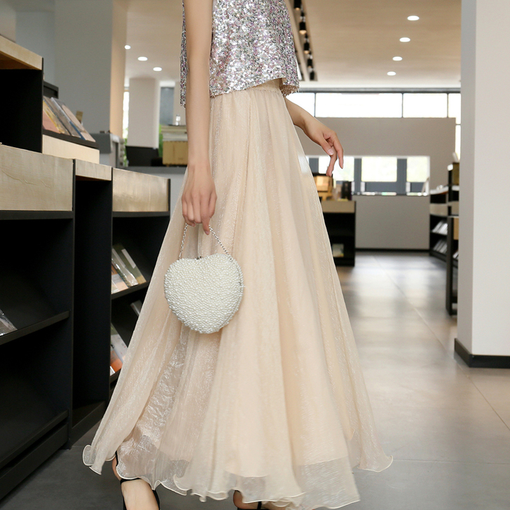 半身裙女春夏2021新款温柔金丝雪纺大摆裙...