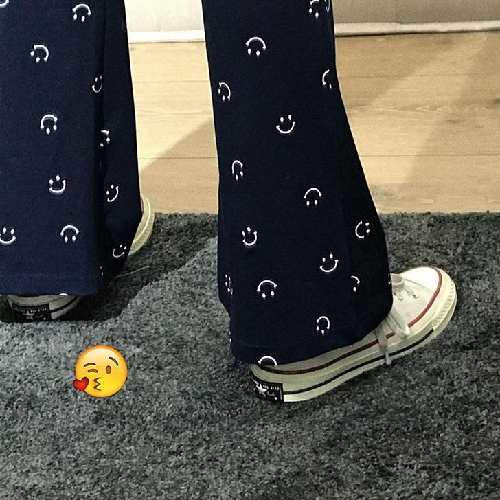 笑脸喇叭裤女微笑裤子小众ins设计感系带高...