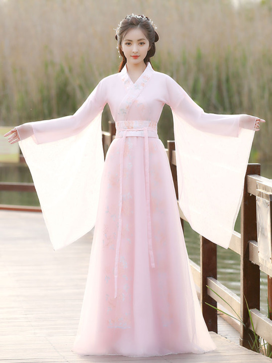 汉服夏季薄款女粉色广袖流仙裙超仙气古风飘逸...