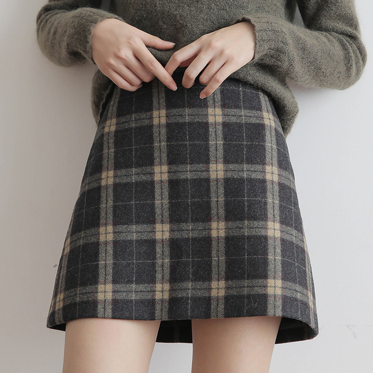 韩版羊毛呢复古格子半身裙女高腰秋季2019...