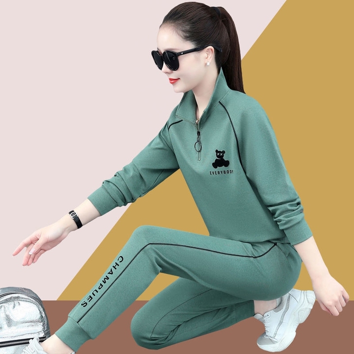 运动休闲套装女春秋2021新款宽松大码立领...