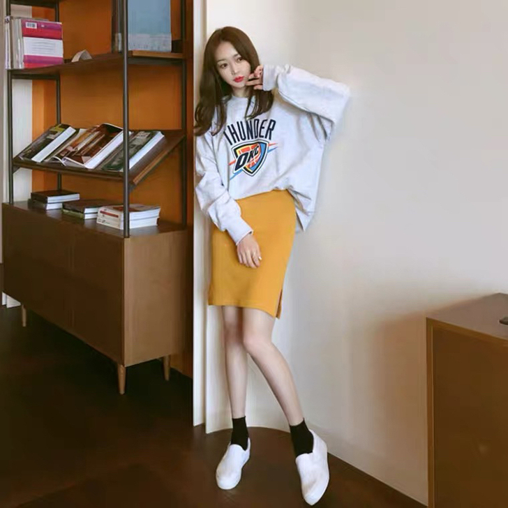 高腰百搭开叉包臀短裙黄色一步裙女韩版202...