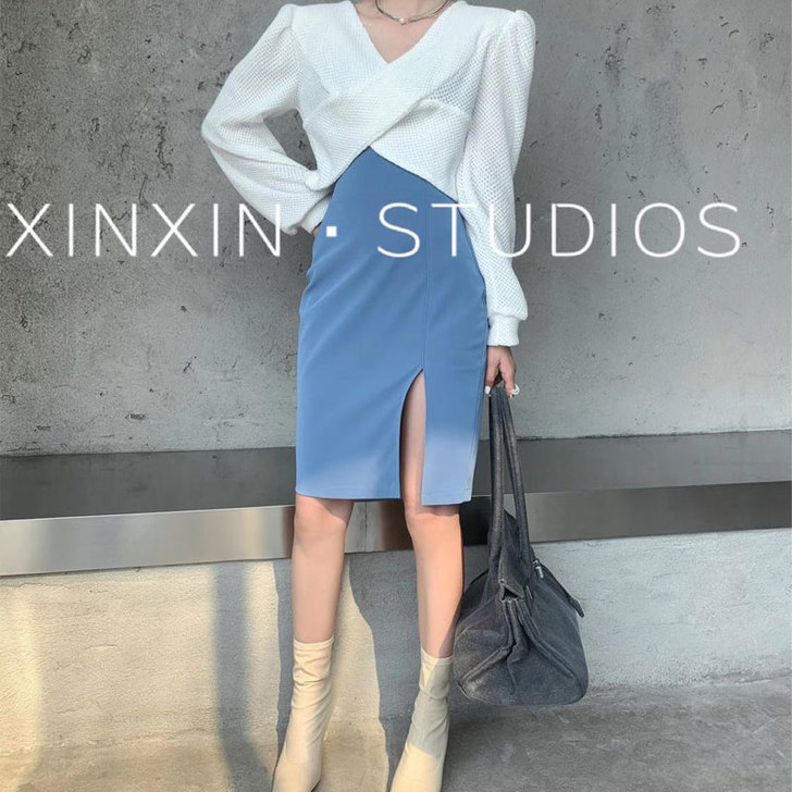 2020秋季新品高腰下摆开叉半身裙女修身显...