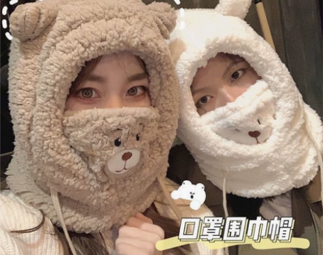可爱小熊围巾帽子保暖一体帽女冬季学生羊羔毛...