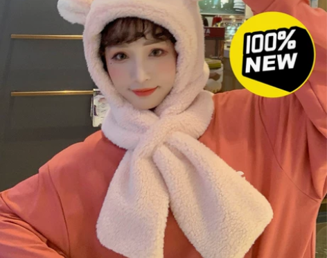 可可爱爱小熊耳朵帽子围巾一体连帽女冬季韩版...