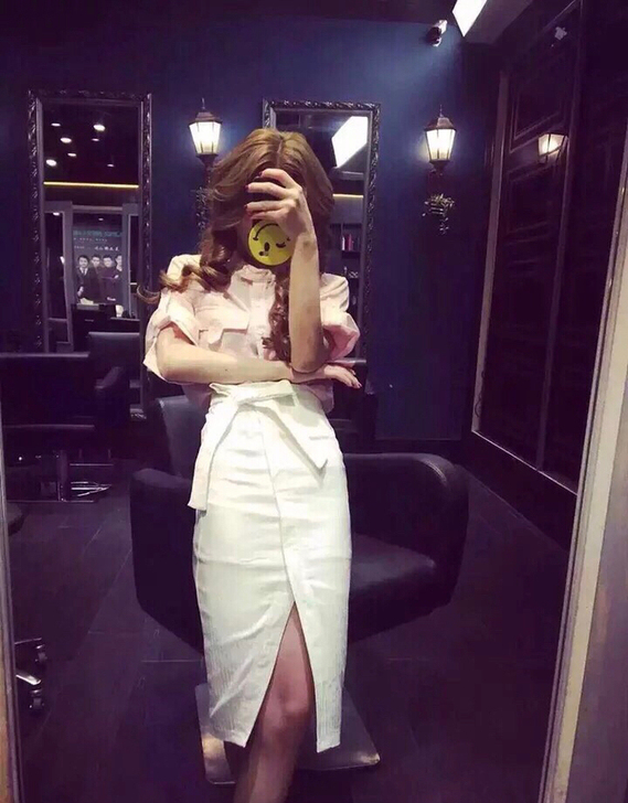 气质蝴蝶结包臀裙长裙，米白色，S码