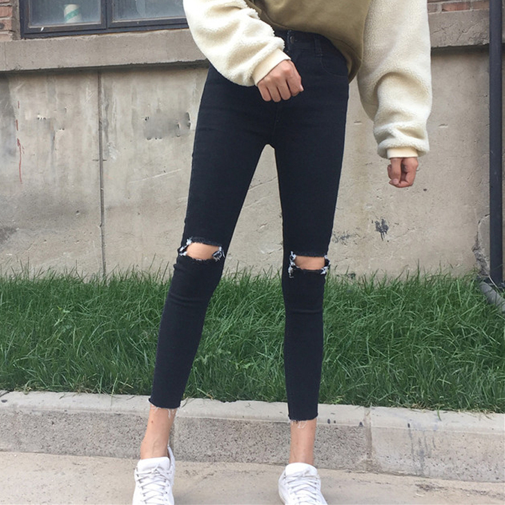 秋装女装韩版百搭高腰显瘦弹力破洞牛仔裤紧身...