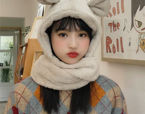 韩版冬季帽子围巾一体学生保暖少女心甜美雷锋...