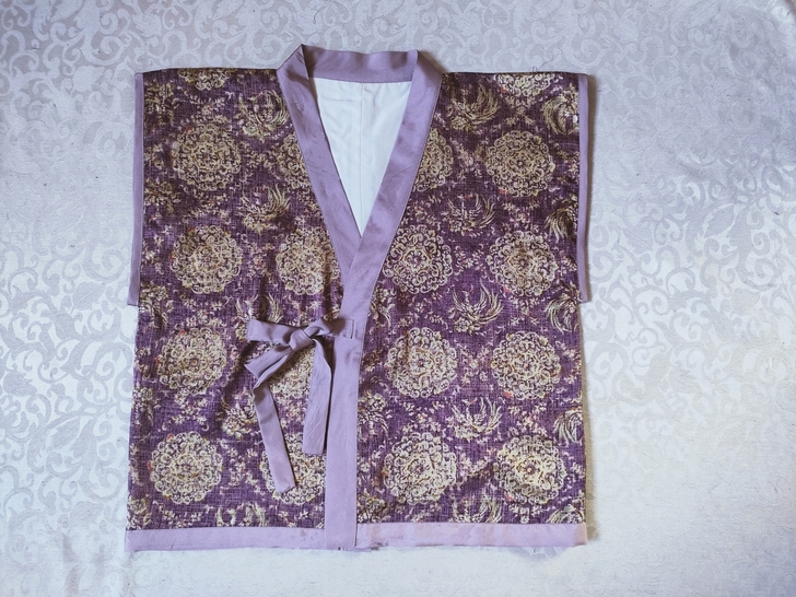 唐制真丝汉服唐背子正绢反解葡萄紫宝相花凤鸟纹