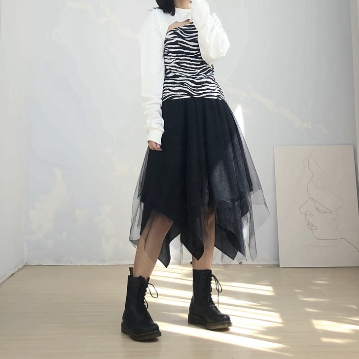 不规则纱裙暗黑风网纱裙黑色蓬蓬裙中长裙赫本...