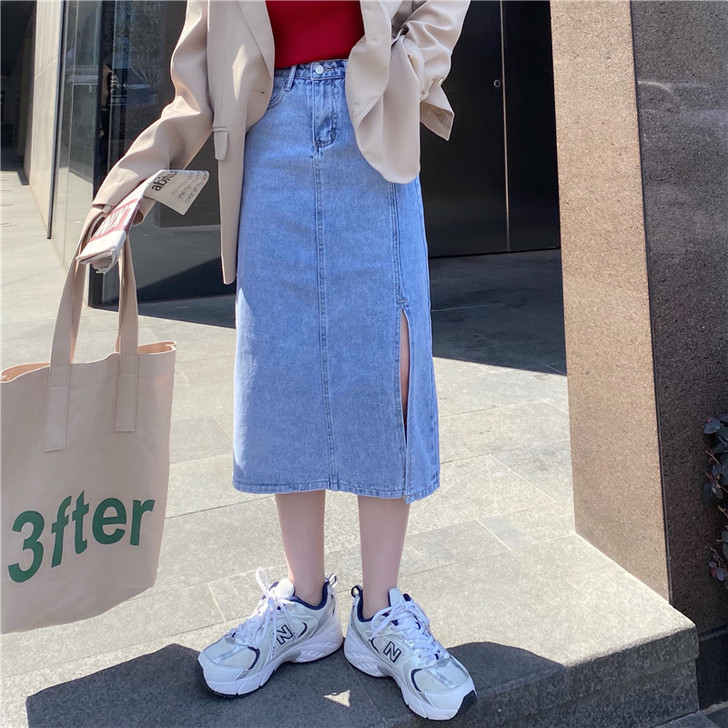 开叉牛仔裙半身裙夏季a字裙2021年新款高...