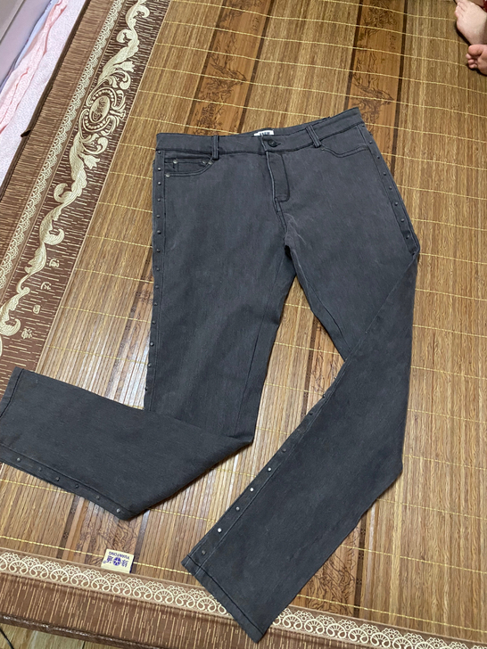 夏天高腰铆钉牛仔裤女 夏季烟灰深灰小脚裤子