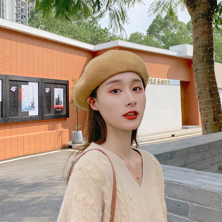 帽子女秋冬贝雷帽韩版日系百搭羊毛呢蓓蕾帽英...